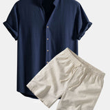 V Neck Linen Rayon Blend Shirt & Linen Blend Drawstring 7" Shorts Set