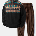 Quarter Zip Ethnic Geometric Patchwork Teddy Sweatshirt & Corduroy Pants Set