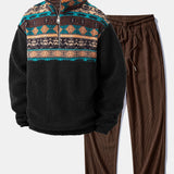 Quarter Zip Ethnic Geometric Patchwork Teddy Sweatshirt & Corduroy Pants Set