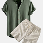 V Neck Linen Rayon Blend Shirt & Linen Blend Drawstring 7" Shorts Set