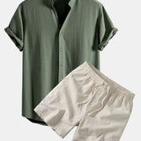 V Neck Linen Rayon Blend Shirt & Linen Blend Drawstring 7" Shorts Set