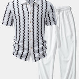 Plaid Jacquard Shirt & Crinkle Textured Straight Leg Pants Set