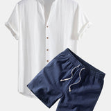 V Neck Linen Rayon Blend Shirt & Linen Blend Drawstring 7" Shorts Set