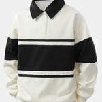 Color Block Patchwork Polo Sweatshirt & Slit Hem Stripe Pants Set