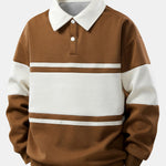 Color Block Patchwork Polo Sweatshirt & Slit Hem Stripe Pants Set