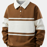 Color Block Patchwork Polo Sweatshirt & Slit Hem Stripe Pants Set