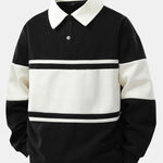 Color Block Patchwork Polo Sweatshirt & Slit Hem Stripe Pants Set