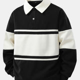 Color Block Patchwork Polo Sweatshirt & Slit Hem Stripe Pants Set
