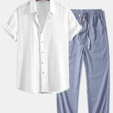Geometry Rhombus Jacquard Shirt & Linen Stripe Straight Leg Pants Set