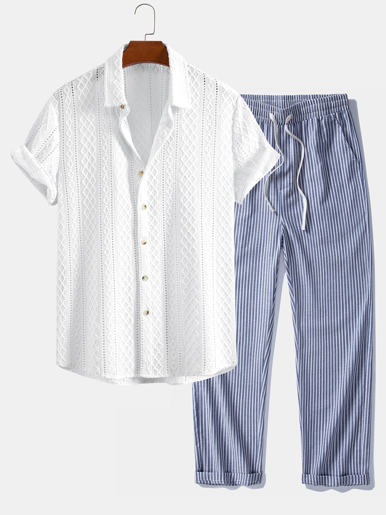 Geometry Rhombus Jacquard Shirt & Linen Stripe Straight Leg Pants Set
