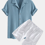 Waffle Shirt & Linen Cotton Blend Drawstring Shorts Set