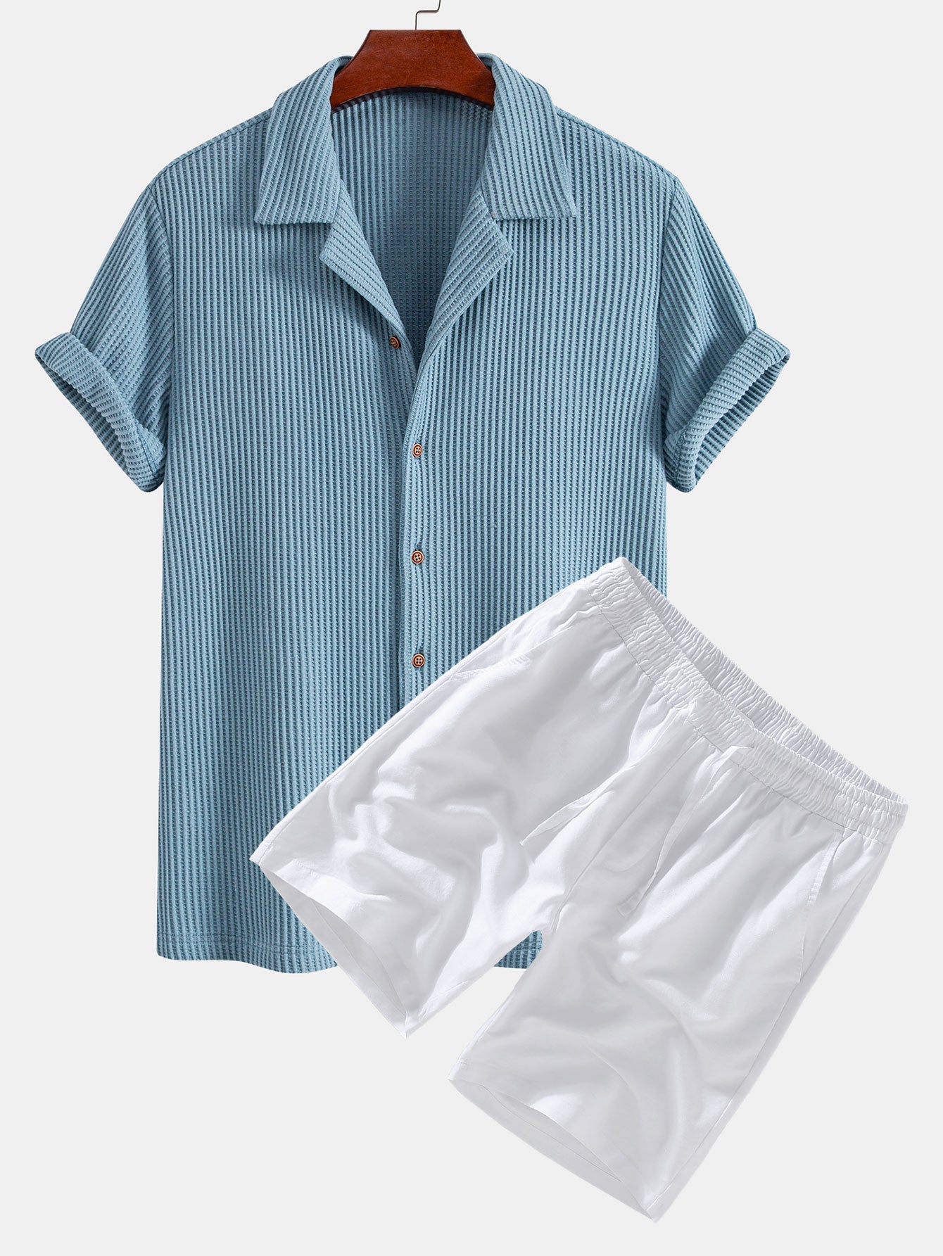 Waffle Shirt & Linen Cotton Blend Drawstring Shorts Set
