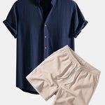 V Neck Linen Rayon Blend Shirt & Crinkle Textured Drawstring 5" Shorts Set