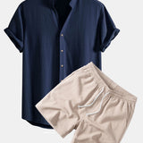 V Neck Linen Rayon Blend Shirt & Crinkle Textured Drawstring 5" Shorts Set