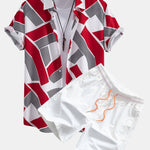 Color Block Geometry Print Shirt & Man Mid Length Drawstring Swim Shorts Set