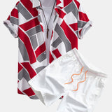 Color Block Geometry Print Shirt & Man Mid Length Drawstring Swim Shorts Set