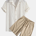 Geometric Jacquard Eyelet Cuban Shirt & Crinkled Textured Drawstring Shorts Set