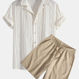 Geometric Jacquard Eyelet Cuban Shirt & Crinkled Textured Drawstring Shorts Set