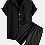 Texture Jacquard Cuban Shirt & Crinkled Textured Drawstring Shorts Set