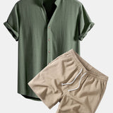 V Neck Linen Rayon Blend Shirt & Crinkle Textured Drawstring 5" Shorts Set