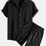 Geometric Jacquard Eyelet Cuban Shirt & Crinkled Textured Drawstring Shorts Set