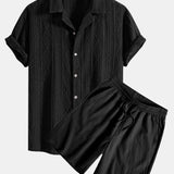 Geometric Jacquard Eyelet Cuban Shirt & Crinkled Textured Drawstring Shorts Set