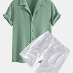 Waffle Shirt & Linen Cotton Blend Drawstring Shorts Set