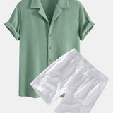 Waffle Shirt & Linen Cotton Blend Drawstring Shorts Set