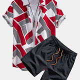 Color Block Geometry Print Shirt & Man Mid Length Drawstring Swim Shorts Set