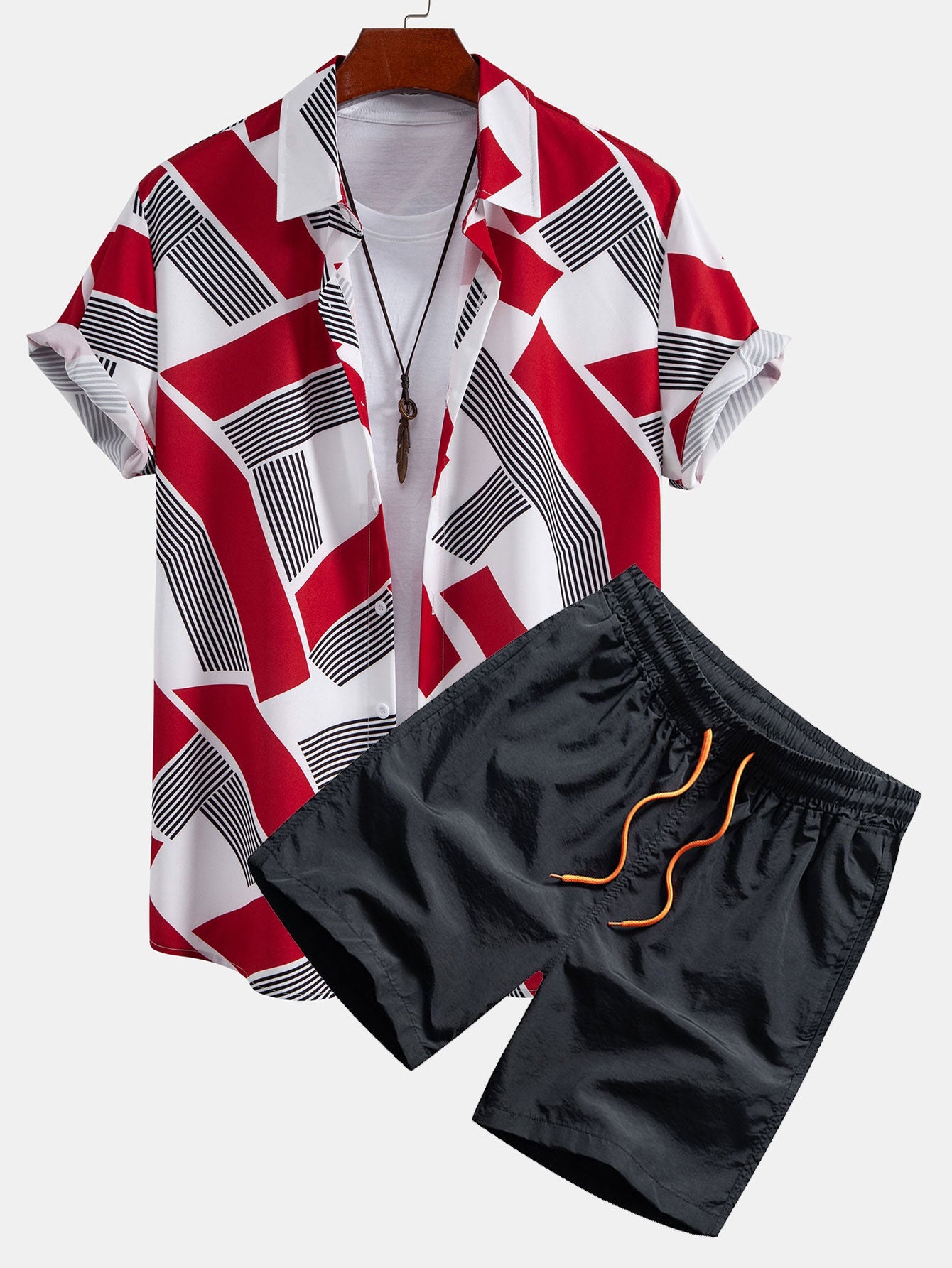 Color Block Geometry Print Shirt & Man Mid Length Drawstring Swim Shorts Set