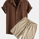 Texture Jacquard Cuban Shirt & Crinkled Textured Drawstring Shorts Set