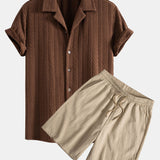 Texture Jacquard Cuban Shirt & Crinkled Textured Drawstring Shorts Set