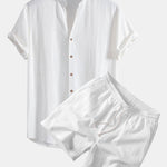 V Neck Linen Rayon Blend Shirt & Crinkle Textured Drawstring 5" Shorts Set