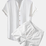 V Neck Linen Rayon Blend Shirt & Crinkle Textured Drawstring 5" Shorts Set