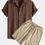 Geometric Jacquard Eyelet Cuban Shirt & Crinkled Textured Drawstring Shorts Set
