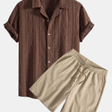 Geometric Jacquard Eyelet Cuban Shirt & Crinkled Textured Drawstring Shorts Set