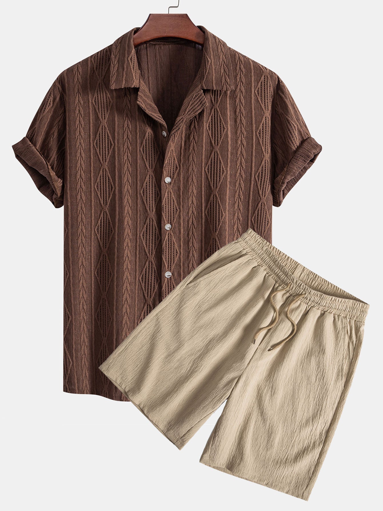 Geometric Jacquard Eyelet Cuban Shirt & Crinkled Textured Drawstring Shorts Set