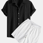 Geometric Jacquard Eyelet Cuban Shirt & Crinkled Textured Drawstring Shorts Set