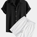 Geometric Jacquard Eyelet Cuban Shirt & Crinkled Textured Drawstring Shorts Set