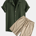 Texture Jacquard Cuban Shirt & Crinkled Textured Drawstring Shorts Set