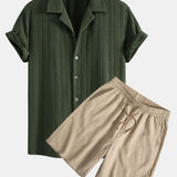 Texture Jacquard Cuban Shirt & Crinkled Textured Drawstring Shorts Set