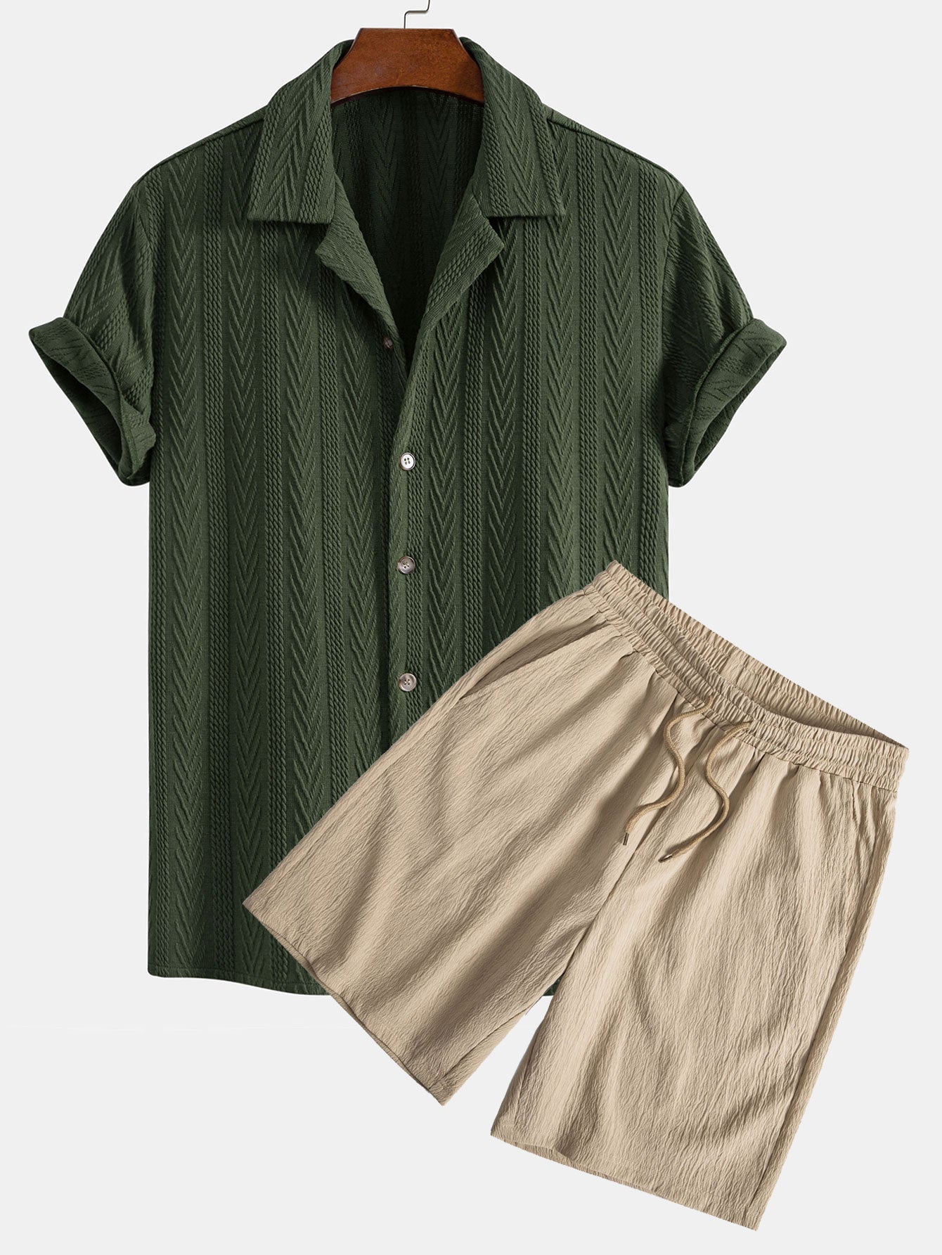 Texture Jacquard Cuban Shirt & Crinkled Textured Drawstring Shorts Set