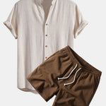 V Neck Linen Rayon Blend Shirt & Crinkle Textured Drawstring 5" Shorts Set