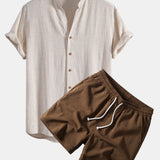 V Neck Linen Rayon Blend Shirt & Crinkle Textured Drawstring 5" Shorts Set