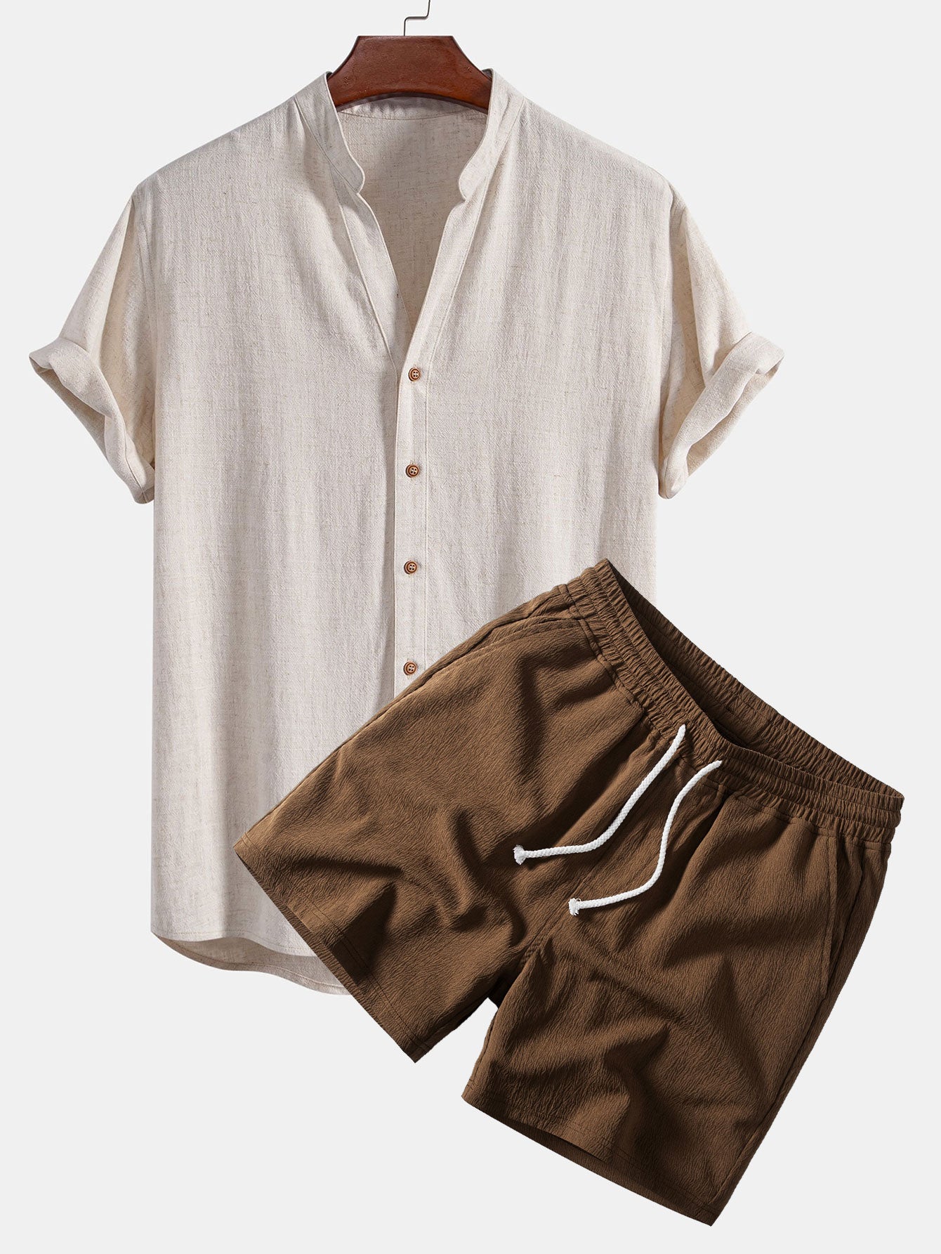 V Neck Linen Rayon Blend Shirt & Crinkle Textured Drawstring 5" Shorts Set