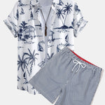 Island Sailing Print Shirt & Vertical Striped Drawstring Swim Shorts Set
