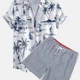 Island Sailing Print Shirt & Vertical Striped Drawstring Swim Shorts Set