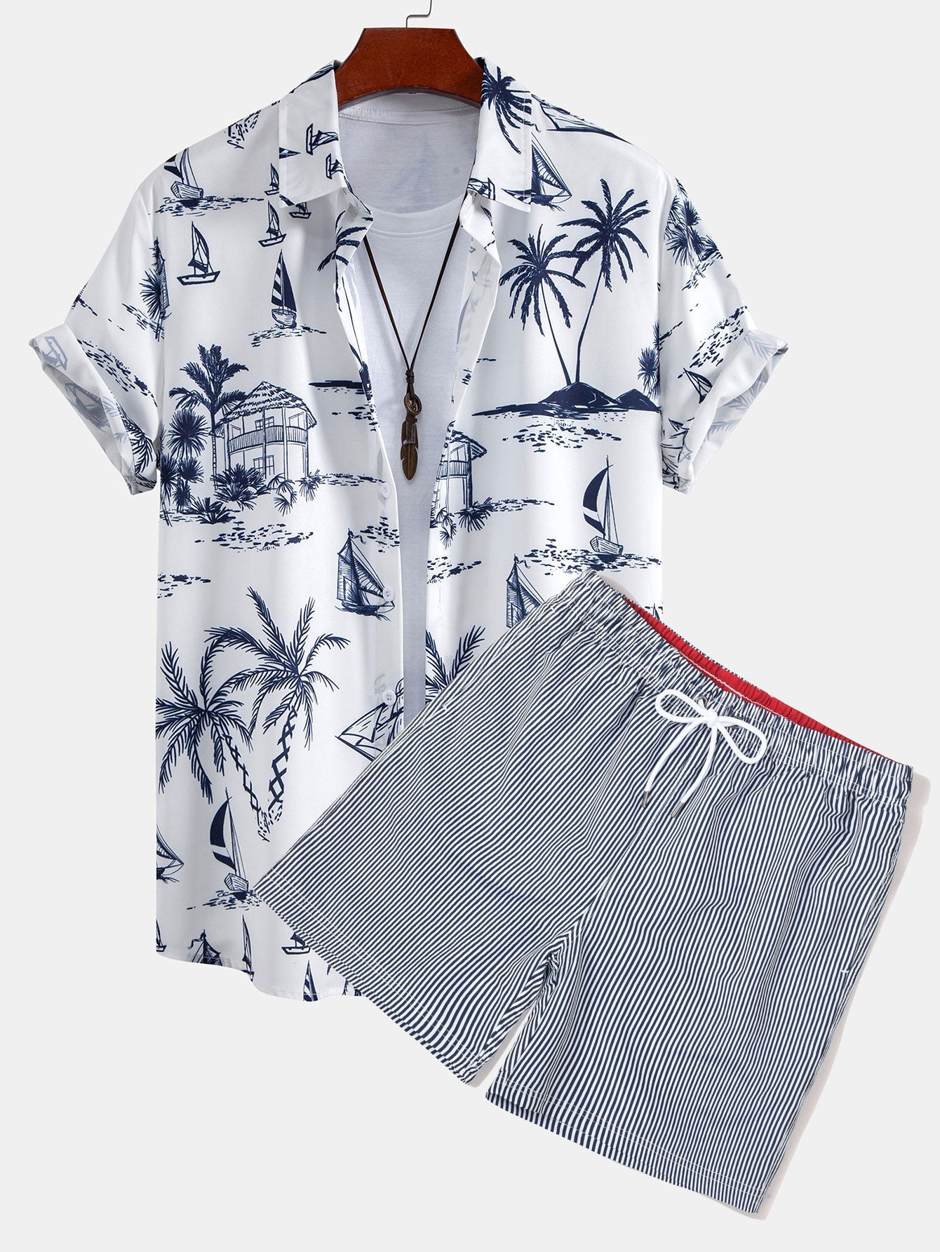Island Sailing Print Shirt & Vertical Striped Drawstring Swim Shorts Set