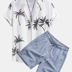 Palm Tree Print Shirt & Stripe Print Swim Shorts Set