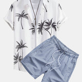 Palm Tree Print Shirt & Stripe Print Swim Shorts Set